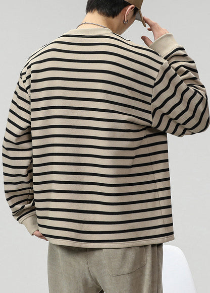 O T Striped Men Cotton Pockets Neck Spring Shirts Khaki FashionChic