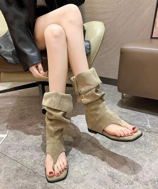 Khaki Thong Sandals Boots Peep Toe Splicing Suede Wedge OI047 shoe-XZ240801