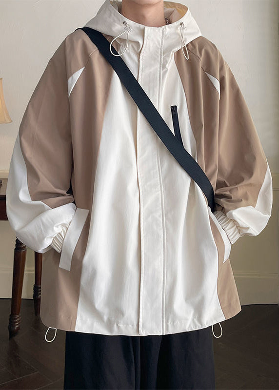 Coat Khaki Patchwork Hooded Men Spring Pockets Cotton Zippered FashionChic