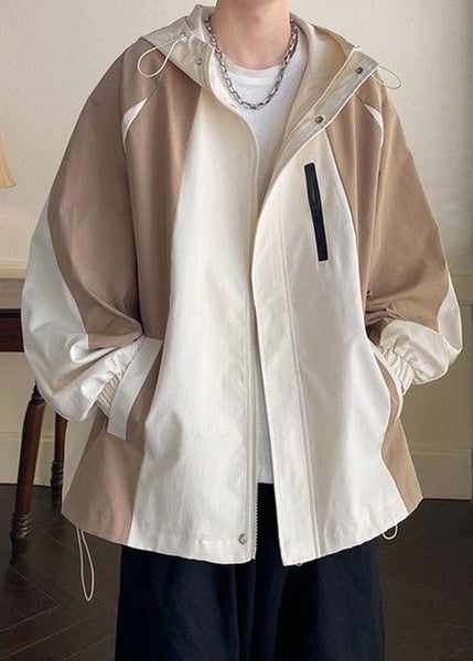 Coat Khaki Patchwork Hooded Men Spring Pockets Cotton Zippered FashionChic