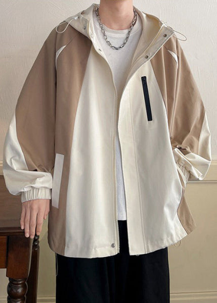 Coat Khaki Patchwork Hooded Men Spring Pockets Cotton Zippered FashionChic