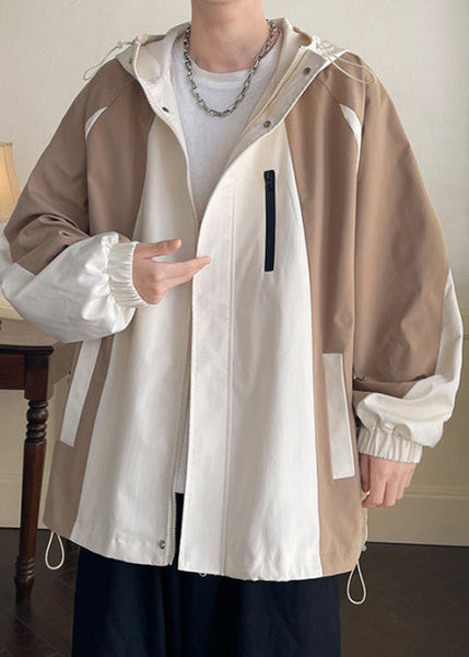 Coat Khaki Patchwork Hooded Men Spring Pockets Cotton Zippered FashionChic