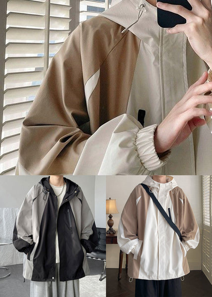 Coat Khaki Patchwork Hooded Men Spring Pockets Cotton Zippered FashionChic