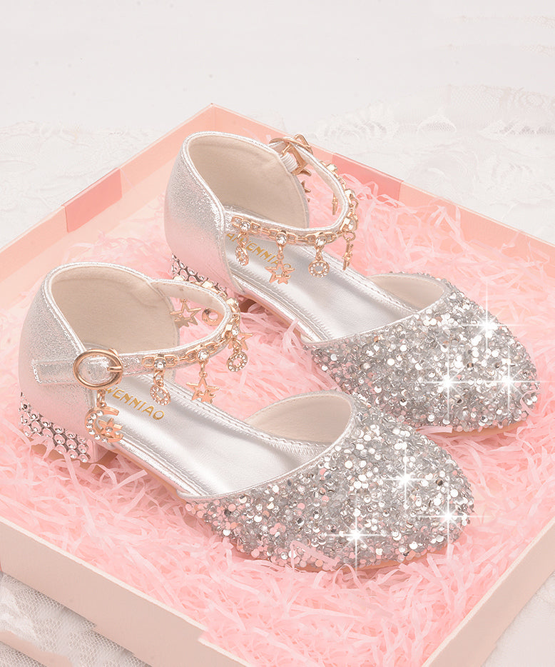 Leather Girls Princess Strap Kids Zircon Flats Buckle Silver Faux FashionChic