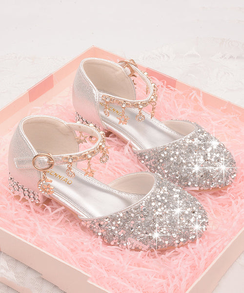 Leather Girls Princess Strap Kids Zircon Flats Buckle Silver Faux FashionChic