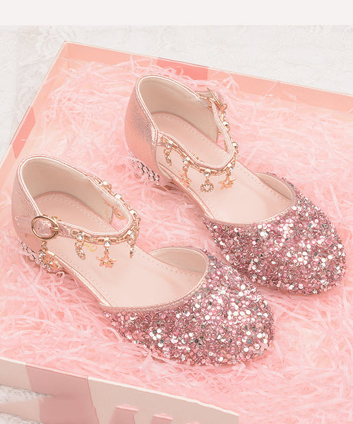 Leather Girls Princess Strap Kids Zircon Flats Buckle Silver Faux FashionChic