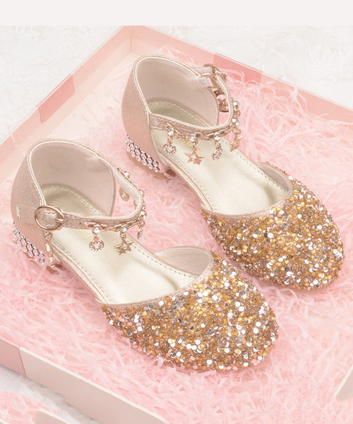 Leather Girls Princess Strap Kids Zircon Flats Buckle Silver Faux FashionChic