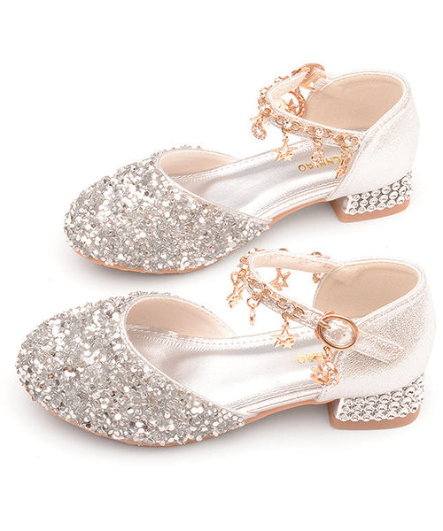 Leather Girls Princess Strap Kids Zircon Flats Buckle Silver Faux FashionChic