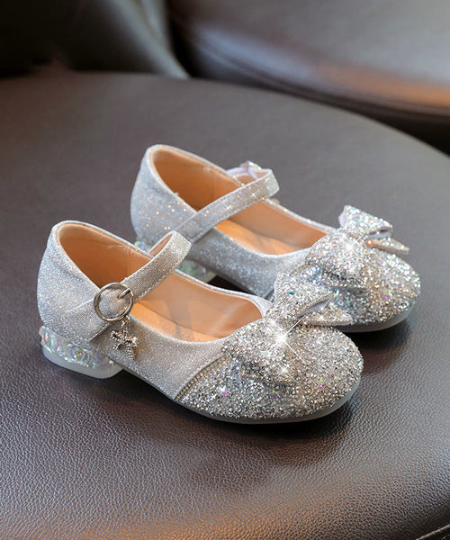 Strap Bow Buckle Faux Silver Kids Leather Zircon Girls Flat Shoes FashionChic