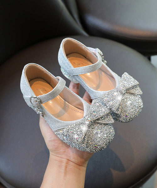 Strap Bow Buckle Faux Silver Kids Leather Zircon Girls Flat Shoes FashionChic