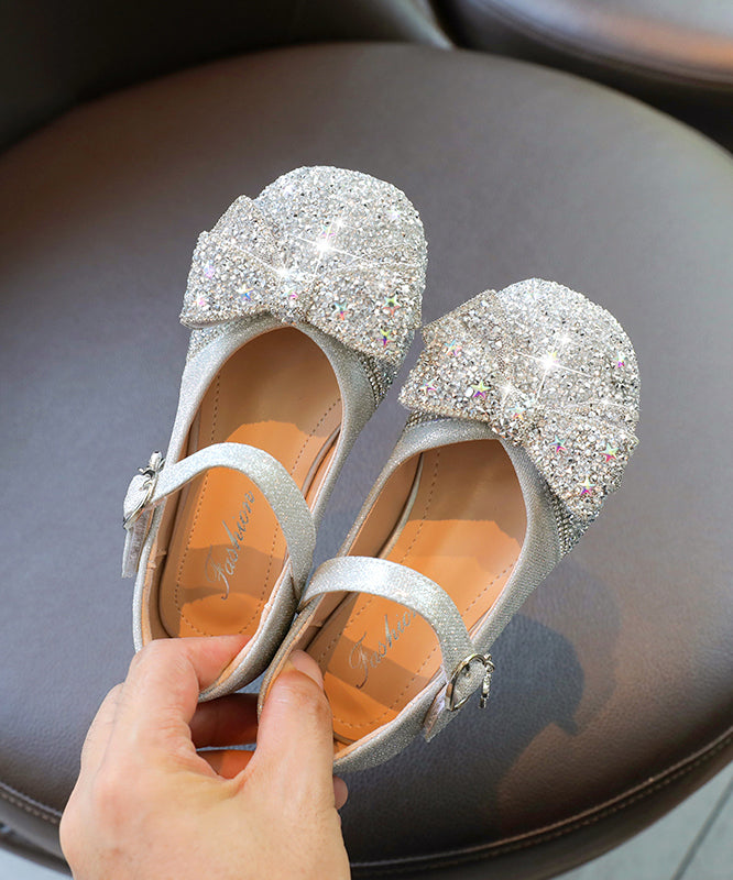 Strap Bow Buckle Faux Silver Kids Leather Zircon Girls Flat Shoes FashionChic