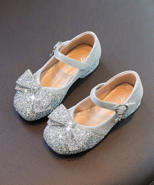 Strap Bow Buckle Faux Silver Kids Leather Zircon Girls Flat Shoes FashionChic
