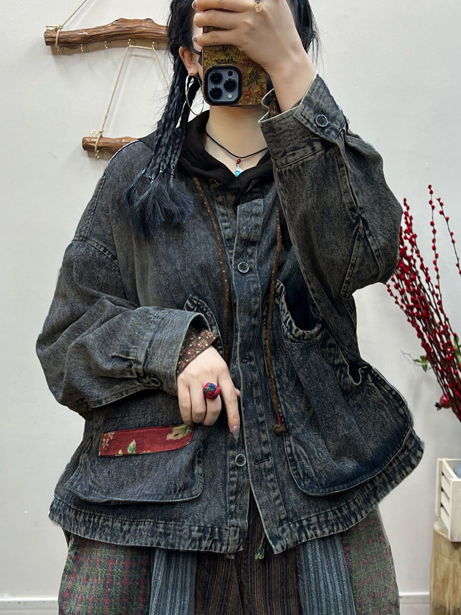 Women Spring Retro Irregular Patch Pocket Denim Coat AT1031 LN