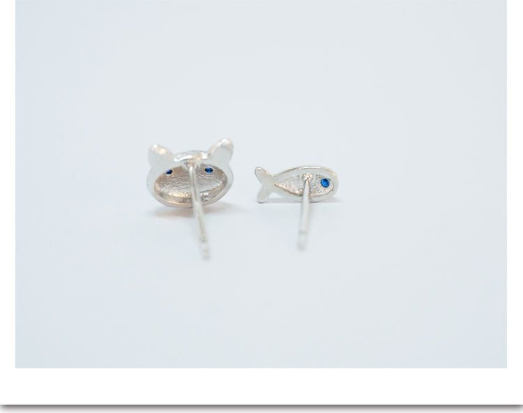 925 Earring Silver Sterling Fish and Non-matching Cat FashionChic