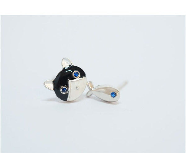 925 Earring Silver Sterling Fish and Non-matching Cat FashionChic