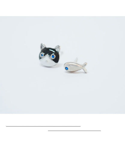 925 Earring Silver Sterling Fish and Non-matching Cat FashionChic