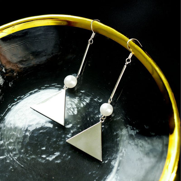 Earring Triangle Pearl Dangle Sterling Faux Silver FashionChic