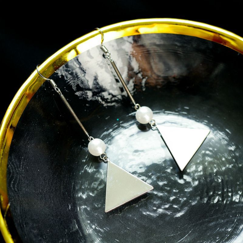 Earring Triangle Pearl Dangle Sterling Faux Silver FashionChic
