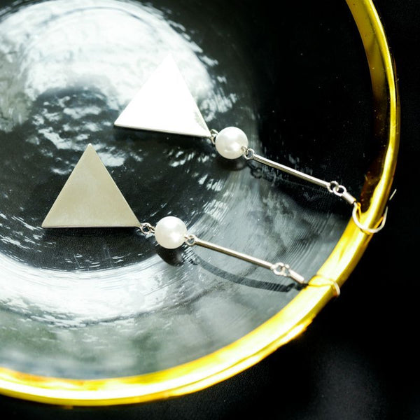 Earring Triangle Pearl Dangle Sterling Faux Silver FashionChic