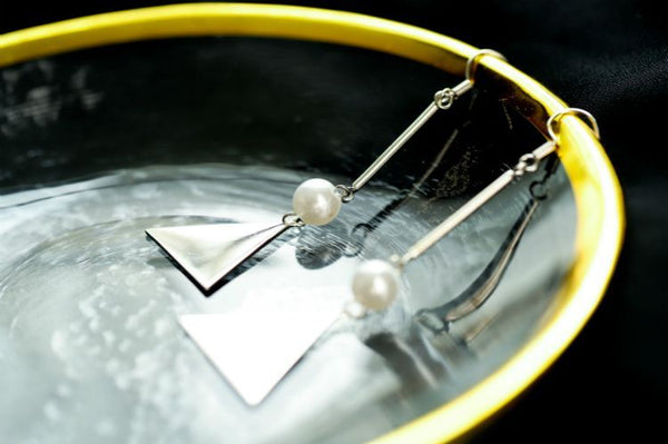 Earring Triangle Pearl Dangle Sterling Faux Silver FashionChic