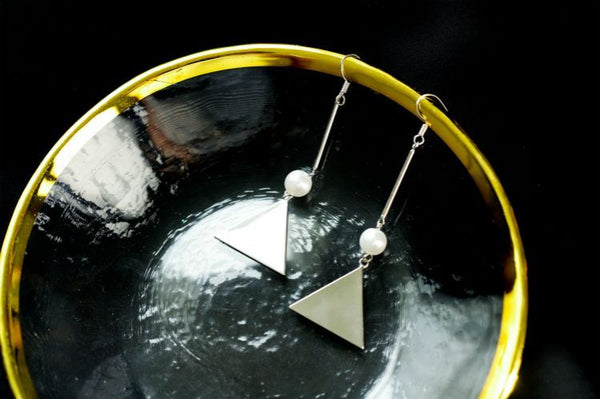 Earring Triangle Pearl Dangle Sterling Faux Silver FashionChic