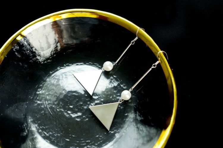 Earring Triangle Pearl Dangle Sterling Faux Silver FashionChic