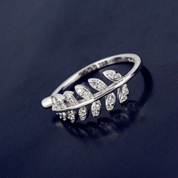 Sterling Silver Open Ring Rhinestone Leaf FashionChic