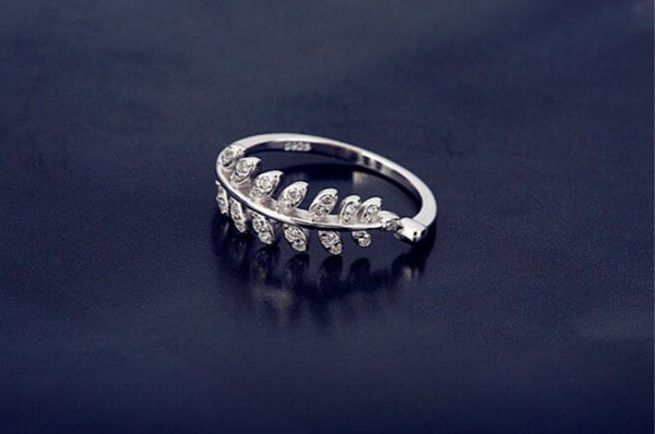 Sterling Silver Open Ring Rhinestone Leaf FashionChic
