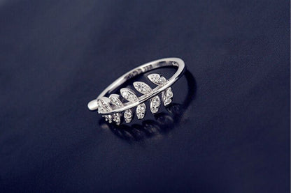 Sterling Silver Open Ring Rhinestone Leaf FashionChic