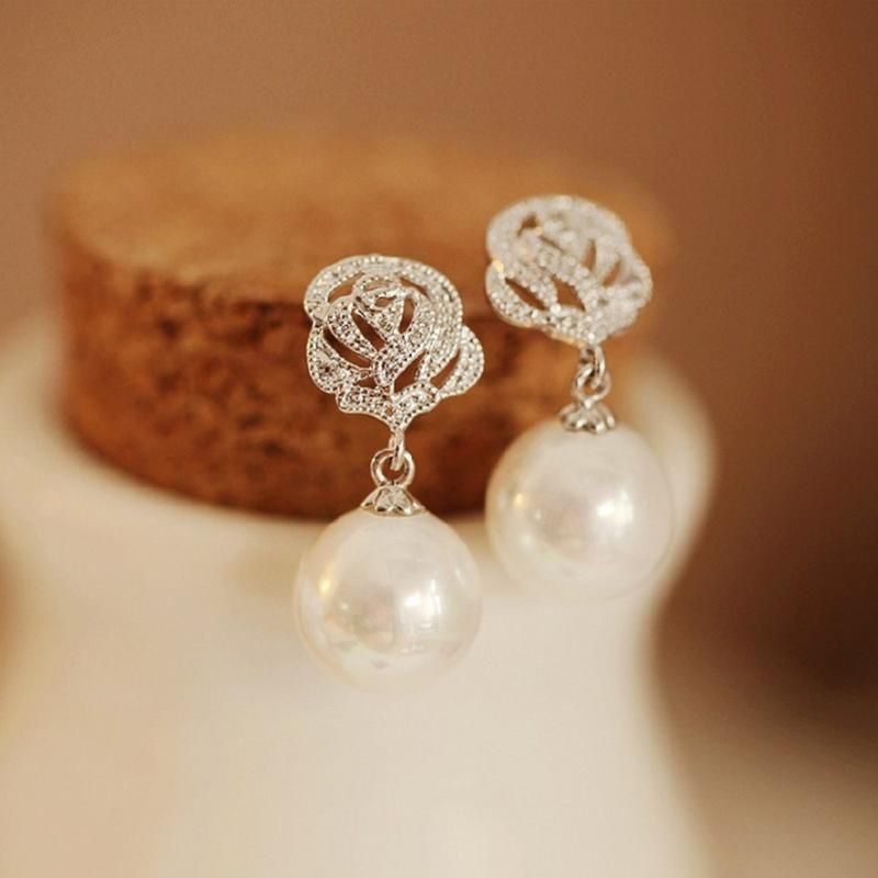 Rhinestone Dangle Pearl Earring Rose Faux FashionChic