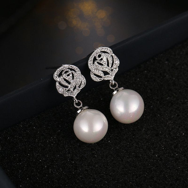 Rhinestone Dangle Pearl Earring Rose Faux FashionChic