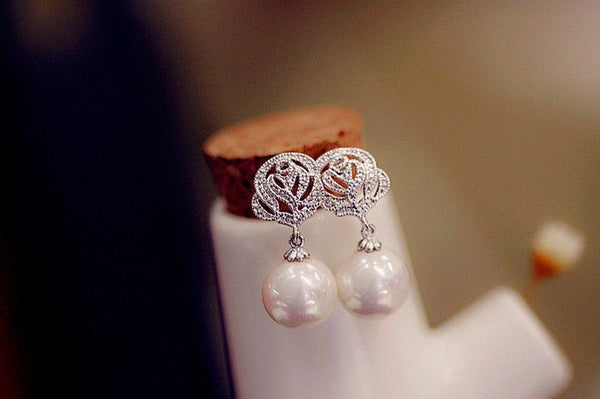 Rhinestone Dangle Pearl Earring Rose Faux FashionChic