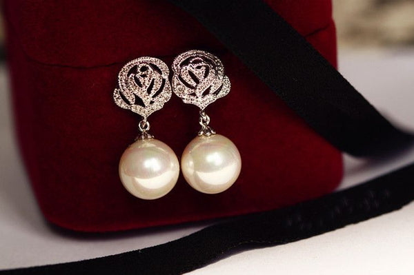 Rhinestone Dangle Pearl Earring Rose Faux FashionChic