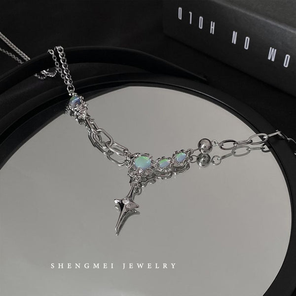 Stainless Star Rhinestone Necklace Pendant Moonstone Steel FashionChic