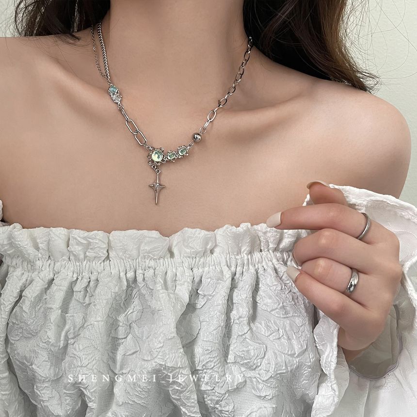 Stainless Star Rhinestone Necklace Pendant Moonstone Steel FashionChic
