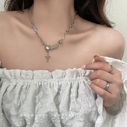 Stainless Star Rhinestone Necklace Pendant Moonstone Steel FashionChic