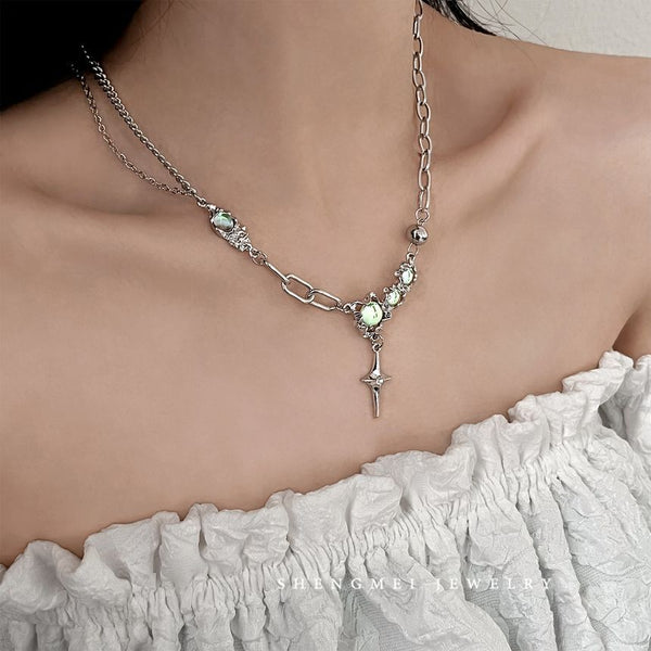 Stainless Star Rhinestone Necklace Pendant Moonstone Steel FashionChic