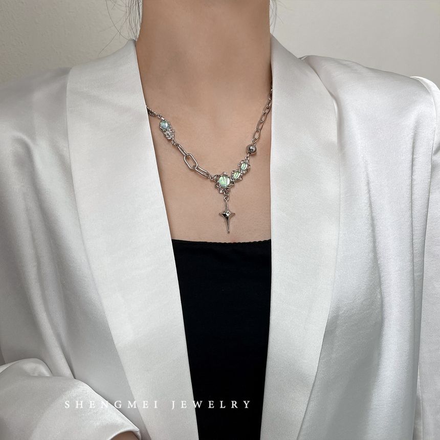 Stainless Star Rhinestone Necklace Pendant Moonstone Steel FashionChic