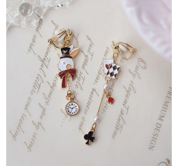 Asymmetrical Rabbit On Poker Enamel Drop Earring Clip / FashionChic