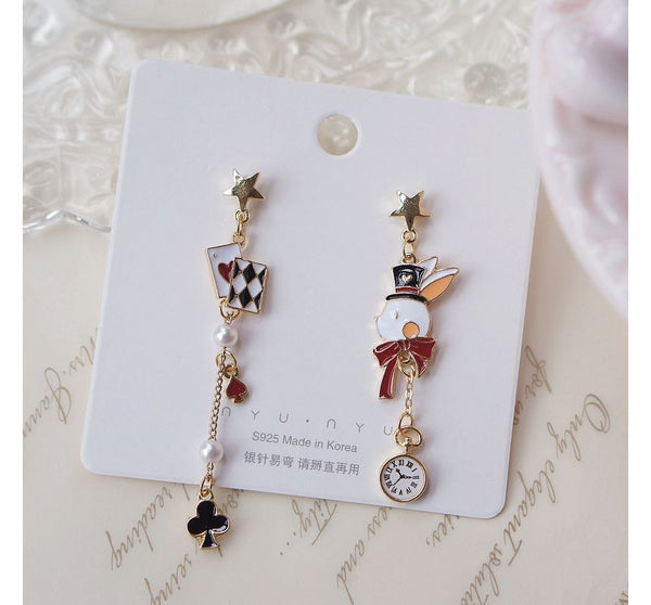 Asymmetrical Rabbit On Poker Enamel Drop Earring Clip / FashionChic