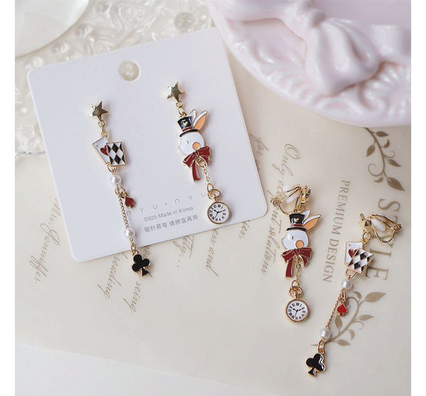 Asymmetrical Rabbit On Poker Enamel Drop Earring Clip / FashionChic
