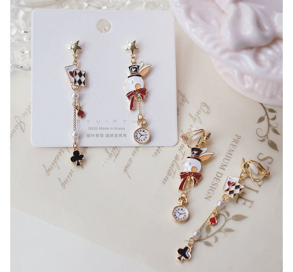 Asymmetrical Rabbit On Poker Enamel Drop Earring Clip / FashionChic