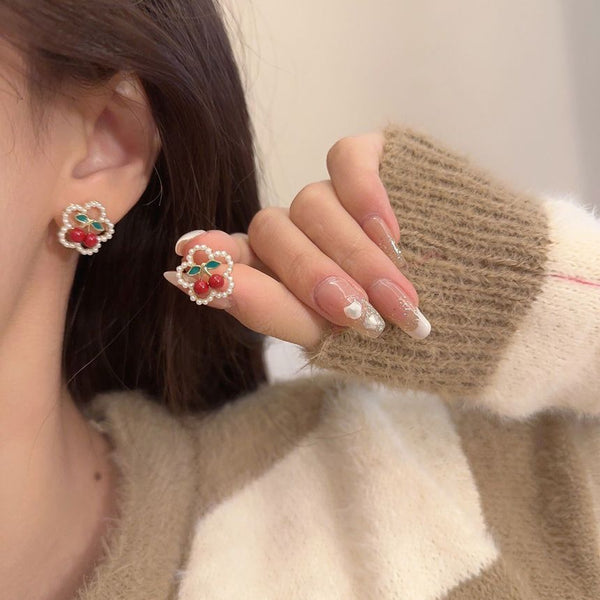 Earring Cherry / Clip Flower Faux Stud Pearl On FashionChic