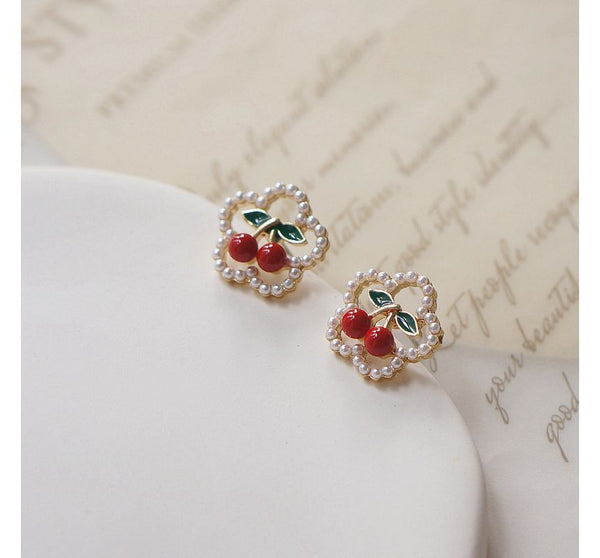 Earring Cherry / Clip Flower Faux Stud Pearl On FashionChic