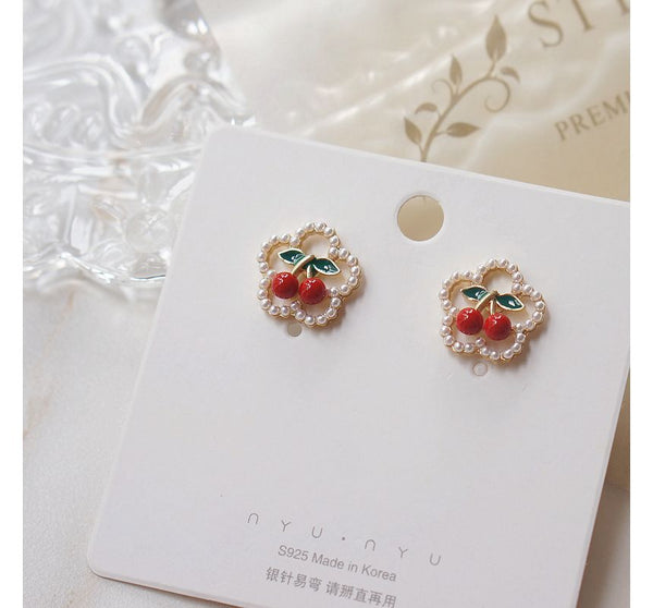 Earring Cherry / Clip Flower Faux Stud Pearl On FashionChic