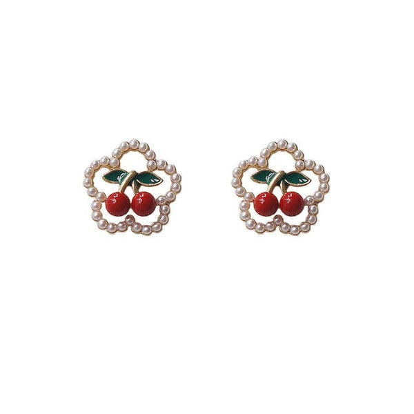 Earring Cherry / Clip Flower Faux Stud Pearl On FashionChic