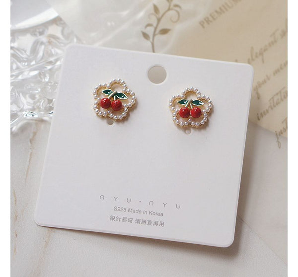 Earring Cherry / Clip Flower Faux Stud Pearl On FashionChic