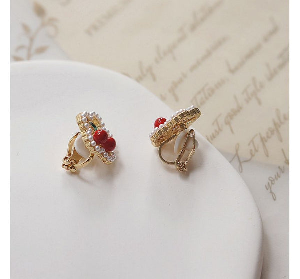 Earring Cherry / Clip Flower Faux Stud Pearl On FashionChic