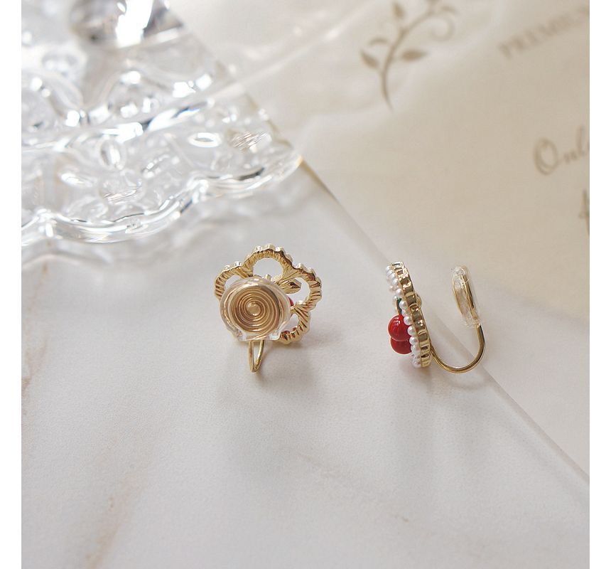 Earring Cherry / Clip Flower Faux Stud Pearl On FashionChic