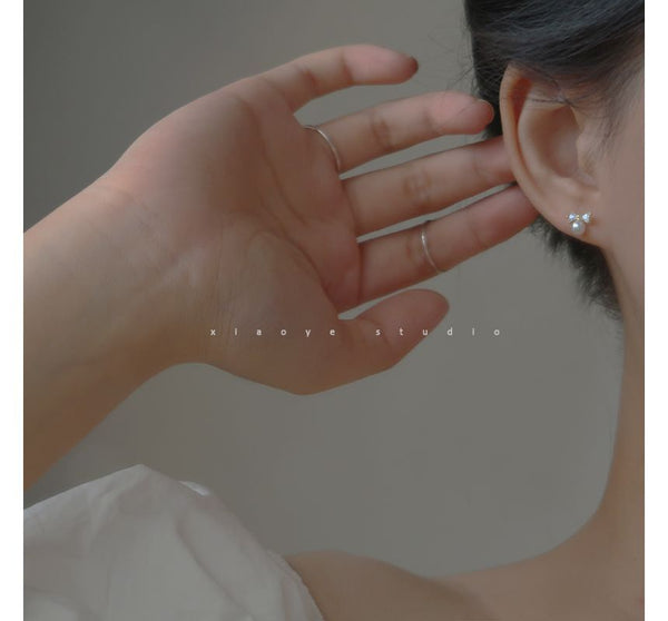 Earring Faux Silver Pearl Sterling Stud Bow Rhinestone FashionChic